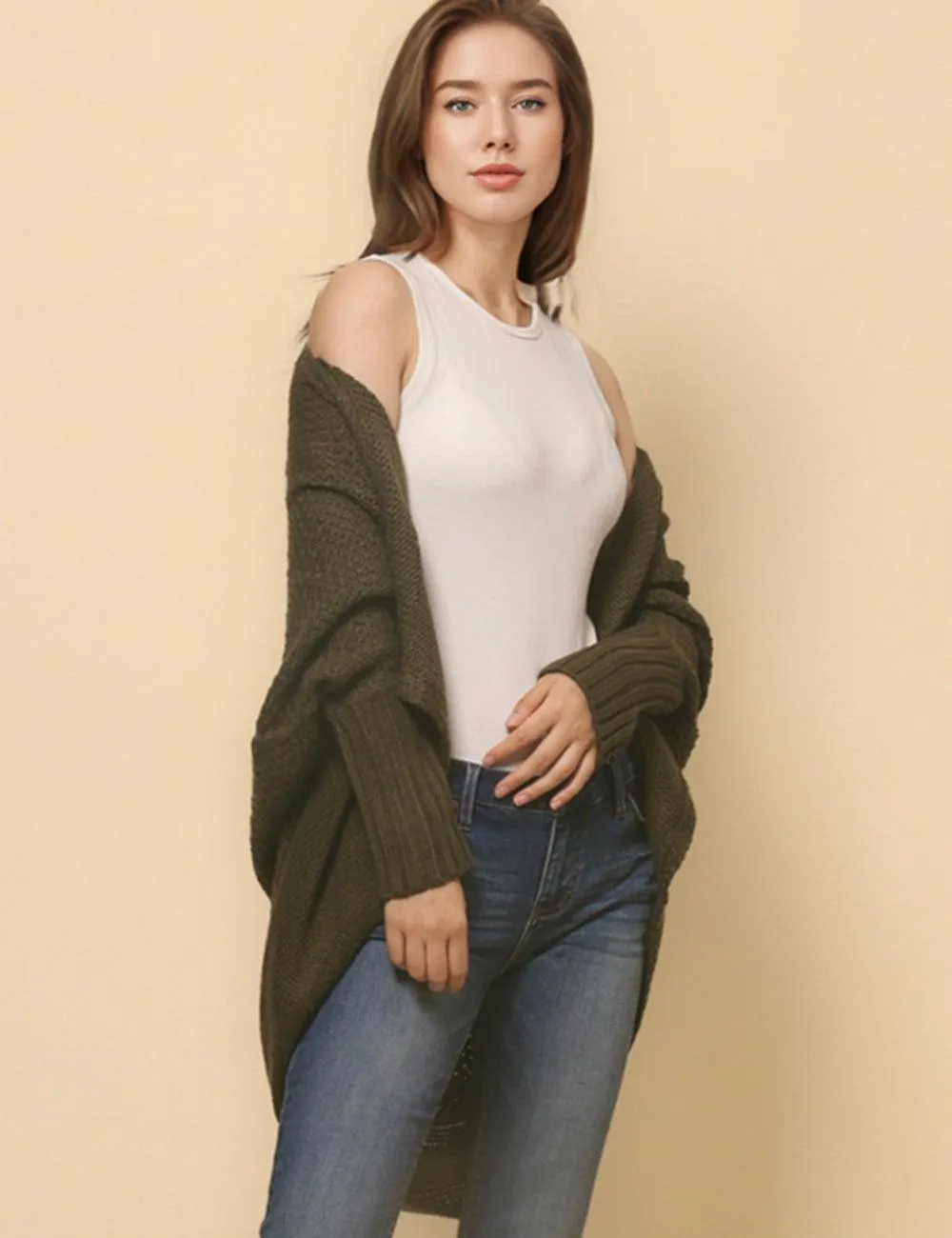 Ladies Bat Sleeves Open Front Knit Cardigan SKT4763
