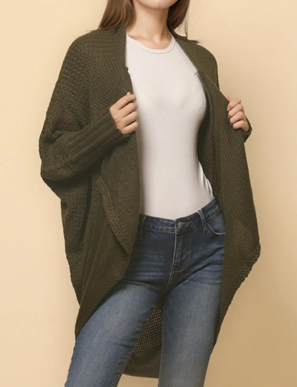 Ladies Bat Sleeves Open Front Knit Cardigan SKT4763