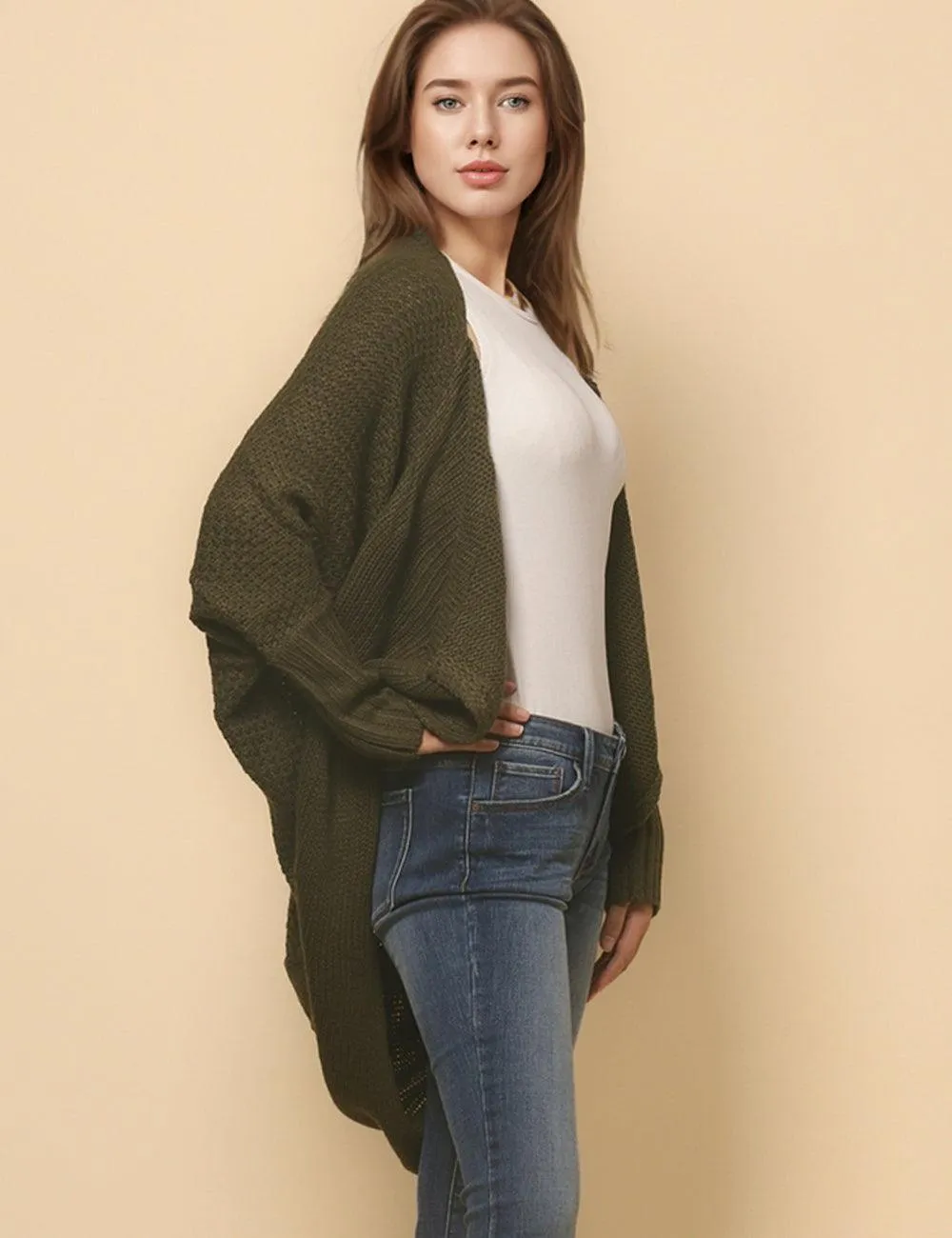 Ladies Bat Sleeves Open Front Knit Cardigan SKT4763