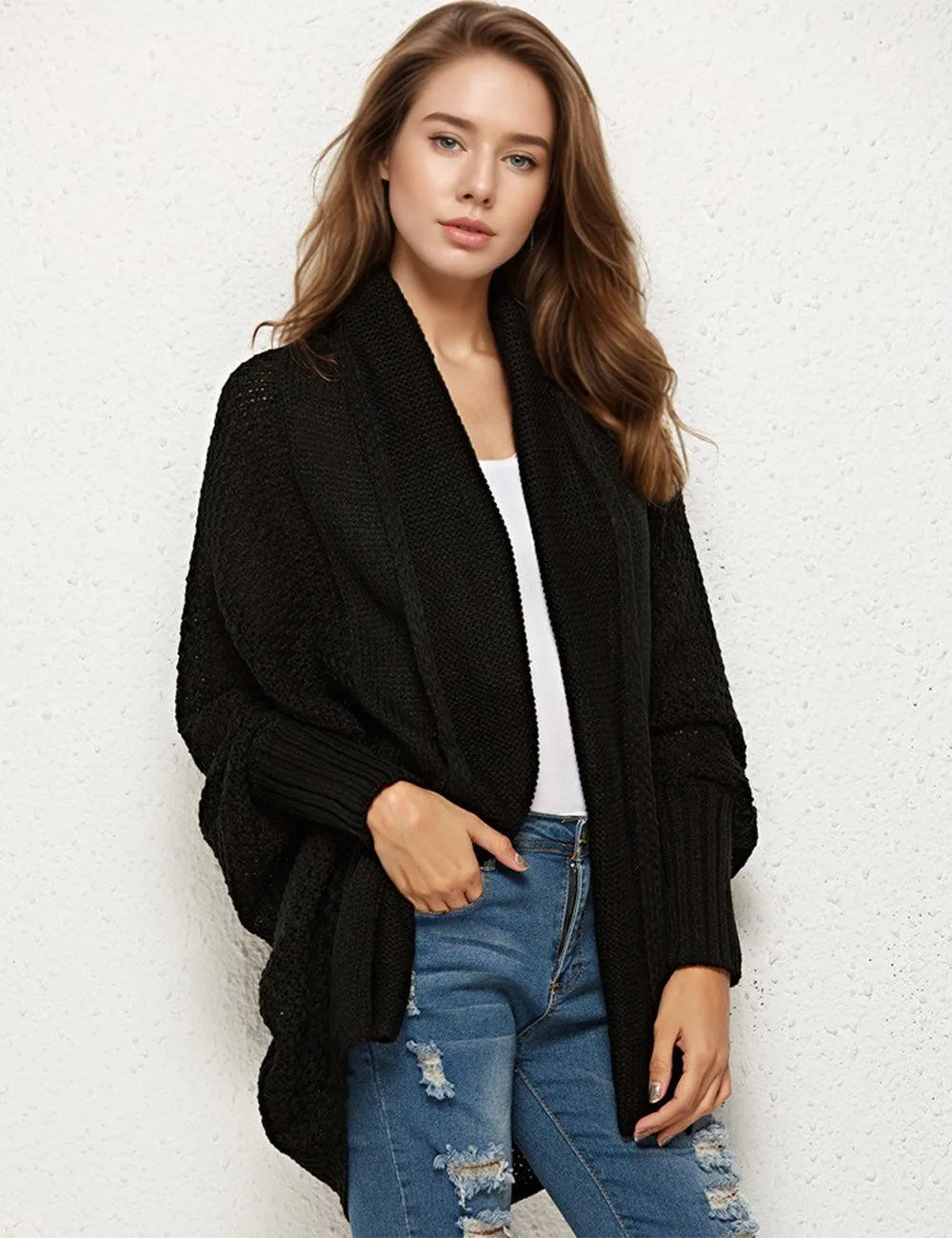 Ladies Bat Sleeves Open Front Knit Cardigan SKT4763