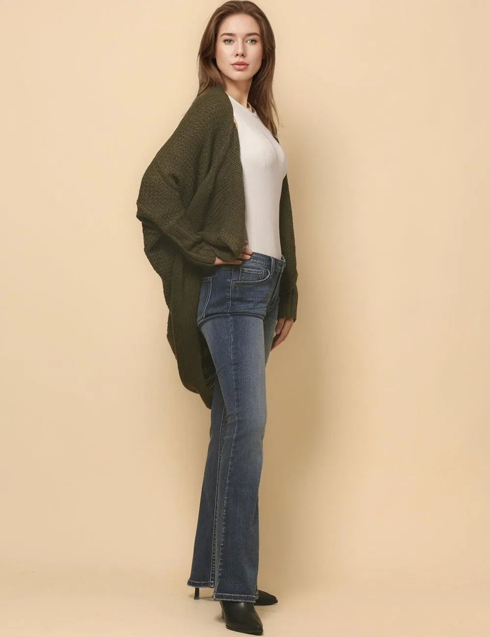 Ladies Bat Sleeves Open Front Knit Cardigan SKT4763
