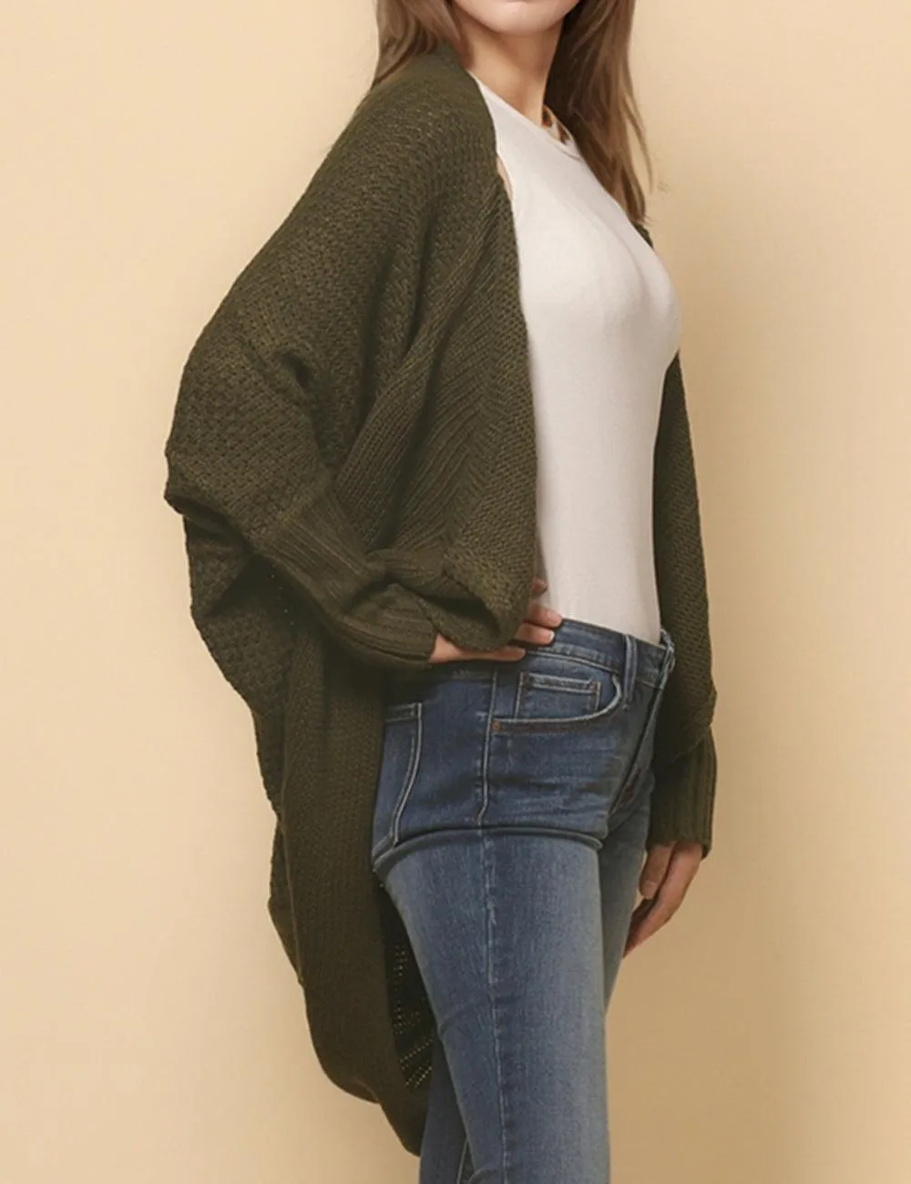 Ladies Bat Sleeves Open Front Knit Cardigan SKT4763