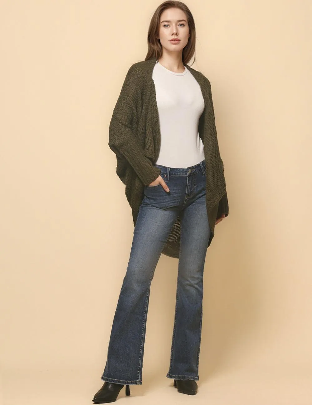 Ladies Bat Sleeves Open Front Knit Cardigan SKT4763