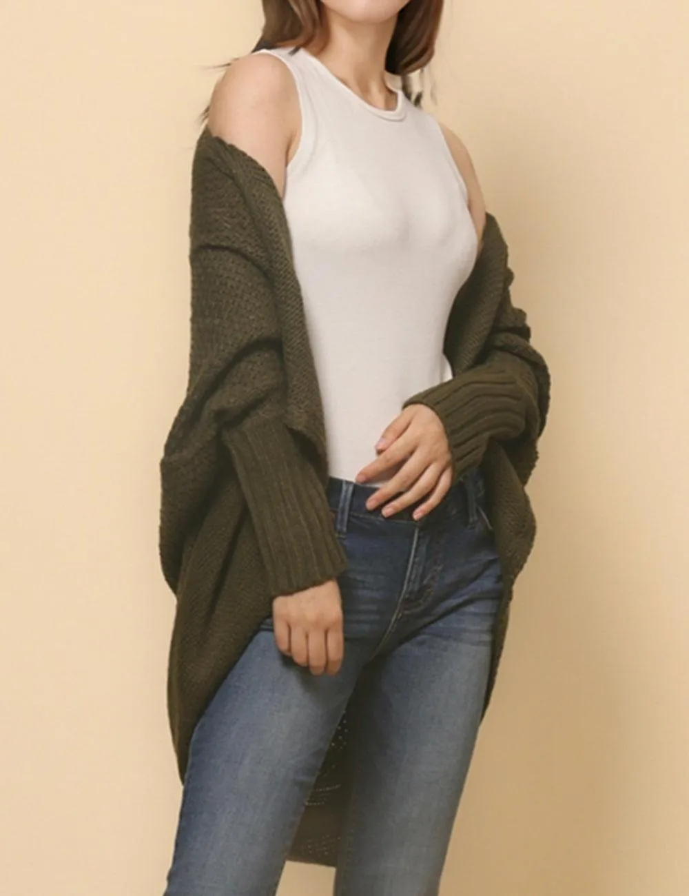 Ladies Bat Sleeves Open Front Knit Cardigan SKT4763