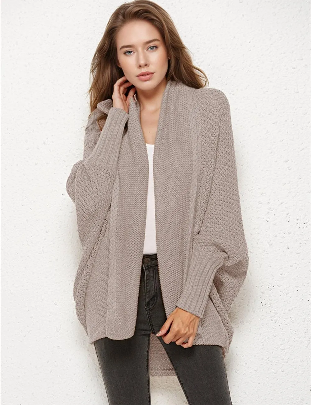Ladies Bat Sleeves Open Front Knit Cardigan SKT4763