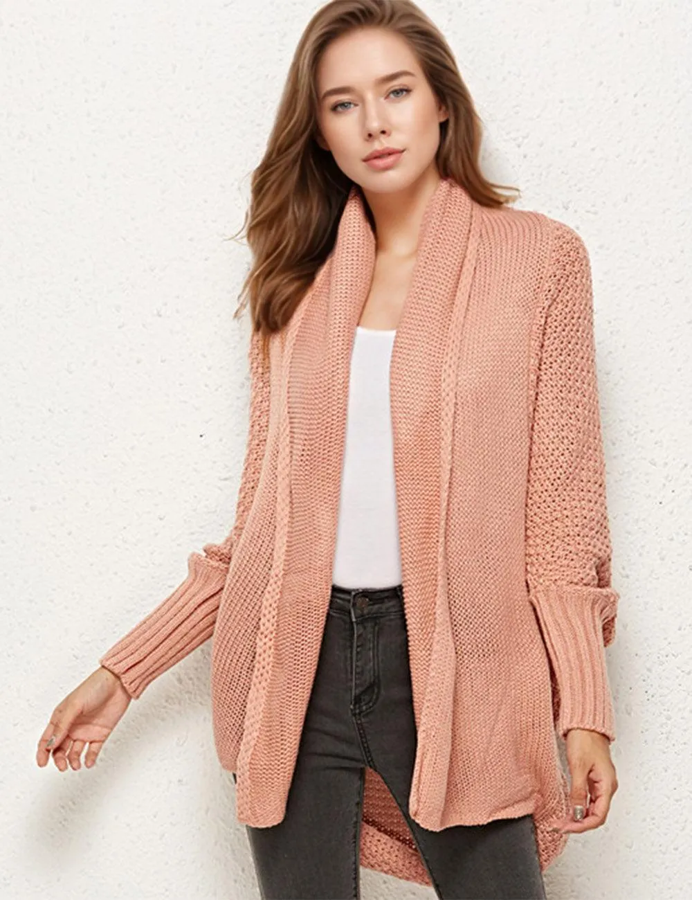 Ladies Bat Sleeves Open Front Knit Cardigan SKT4763