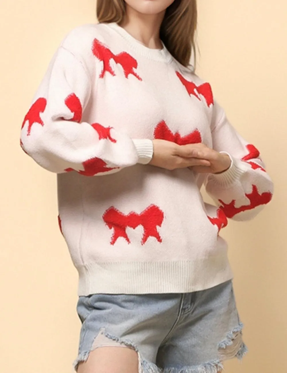 Ladies Color Block Bowknot Pullover Sweater SKT4741
