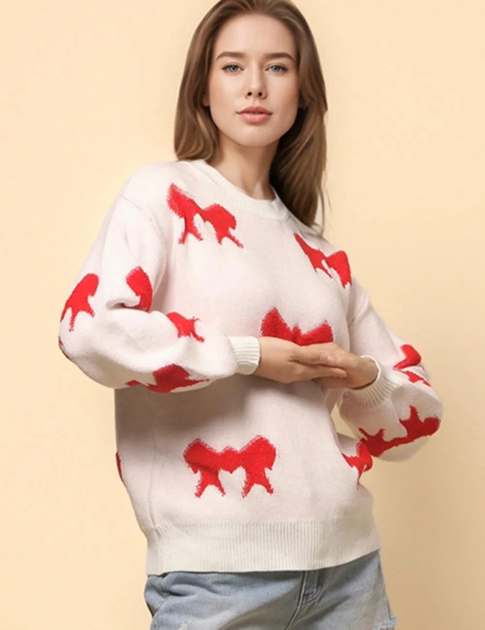 Ladies Color Block Bowknot Pullover Sweater SKT4741