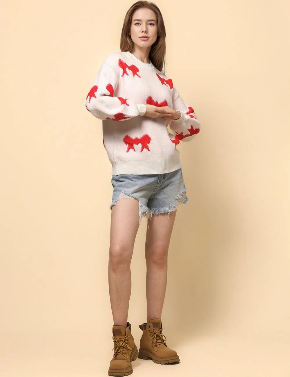 Ladies Color Block Bowknot Pullover Sweater SKT4741