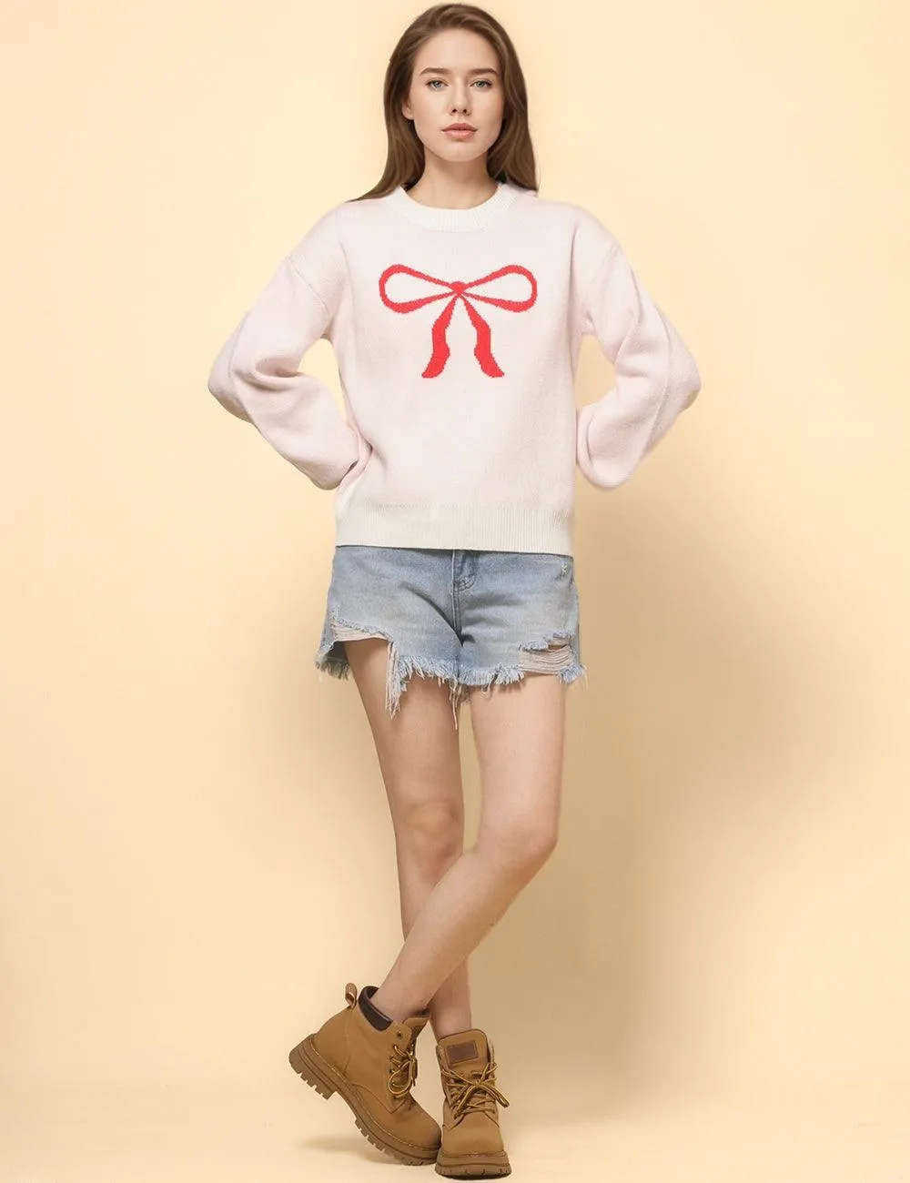 Ladies Color Block Bowknot Pullover Sweater SKT4745