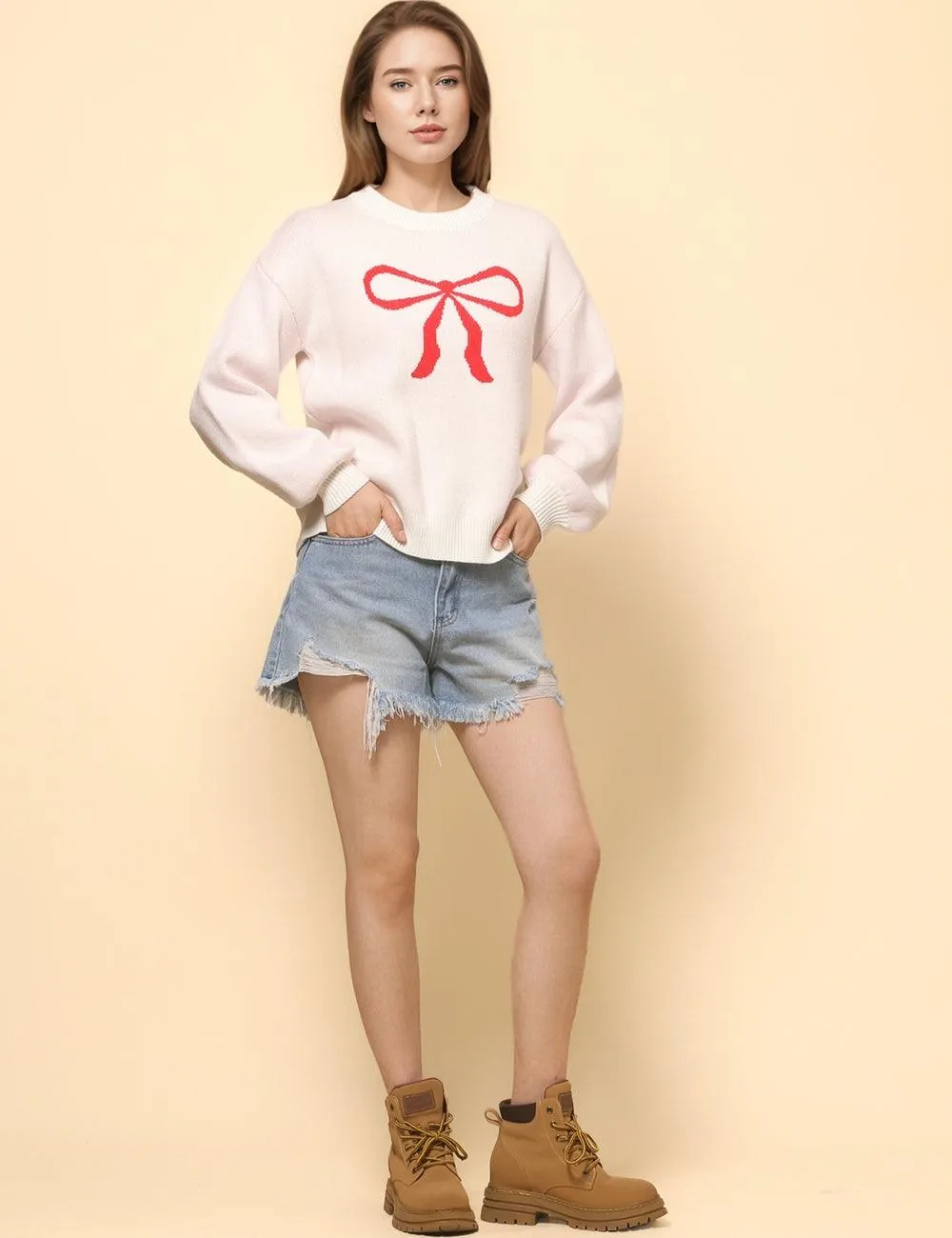 Ladies Color Block Bowknot Pullover Sweater SKT4745