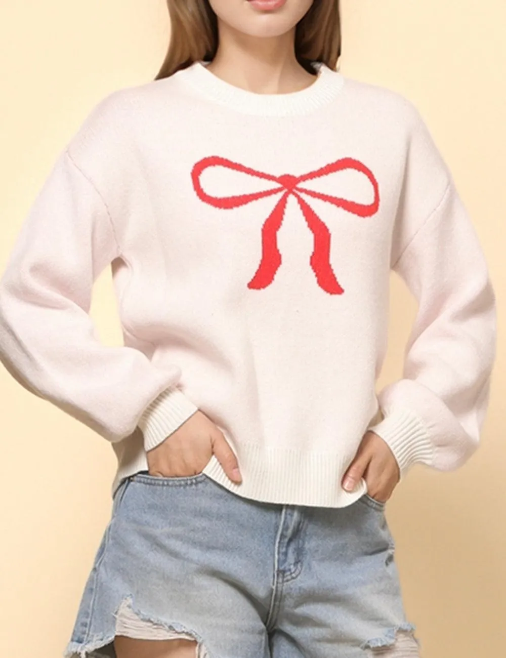 Ladies Color Block Bowknot Pullover Sweater SKT4745