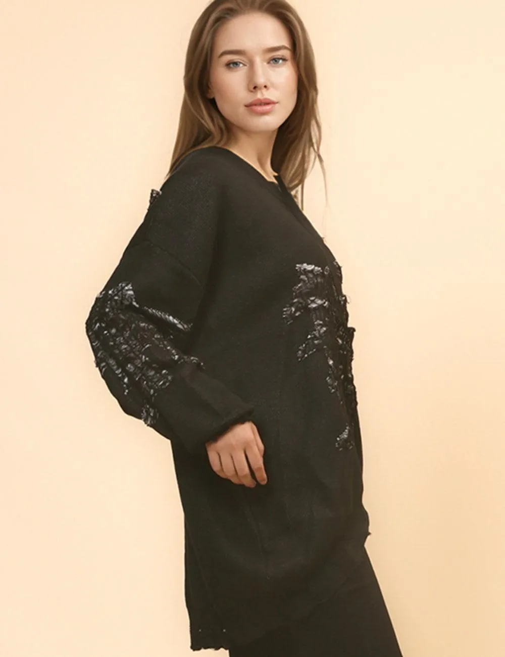 Ladies Color Block Distressed Pullover Sweater SKT4713