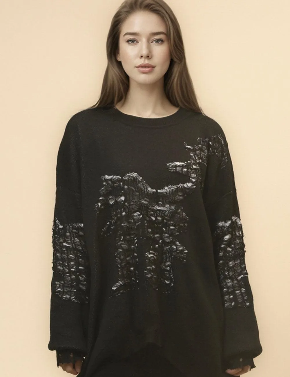 Ladies Color Block Distressed Pullover Sweater SKT4713