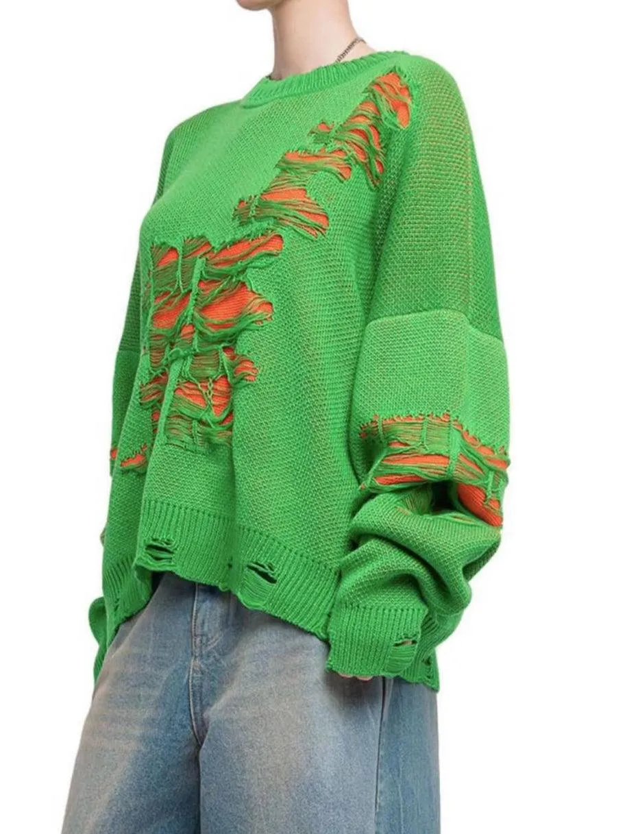Ladies Color Block Distressed Pullover Sweater SKT4713