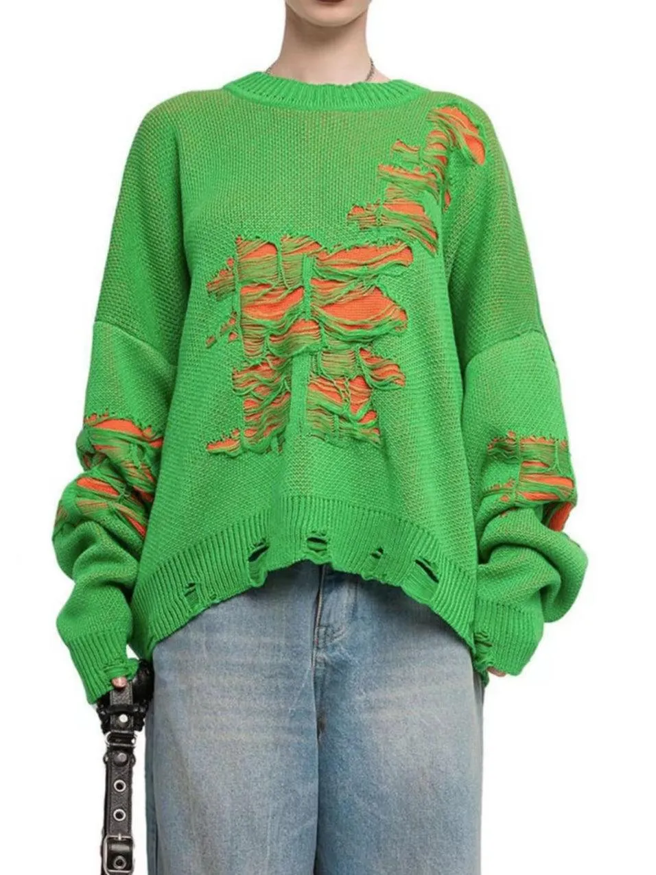 Ladies Color Block Distressed Pullover Sweater SKT4713