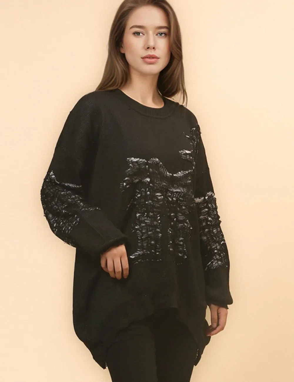 Ladies Color Block Distressed Pullover Sweater SKT4713