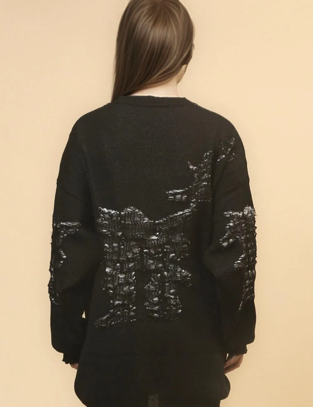 Ladies Color Block Distressed Pullover Sweater SKT4713