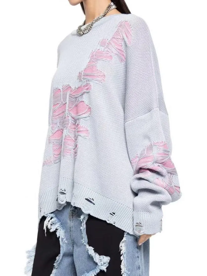 Ladies Color Block Distressed Pullover Sweater SKT4713
