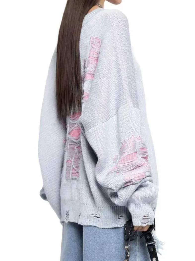 Ladies Color Block Distressed Pullover Sweater SKT4713