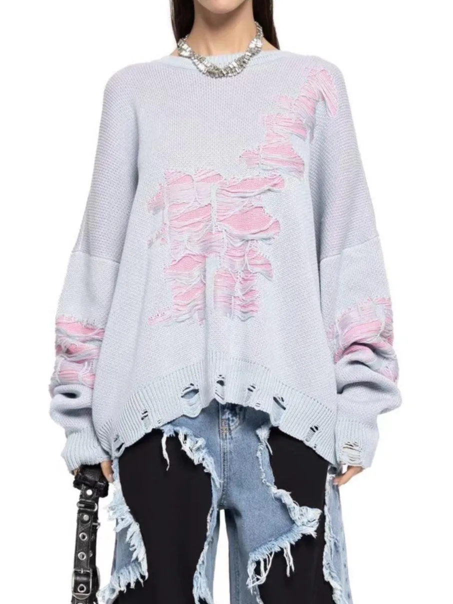 Ladies Color Block Distressed Pullover Sweater SKT4713