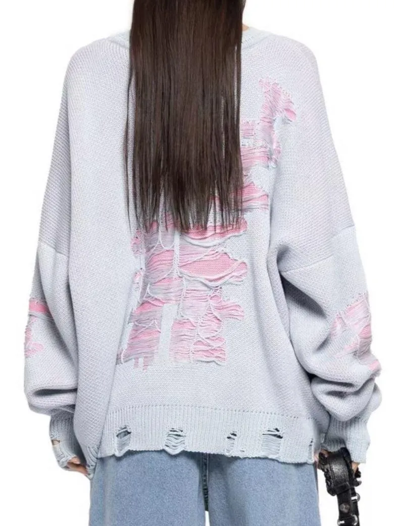 Ladies Color Block Distressed Pullover Sweater SKT4713