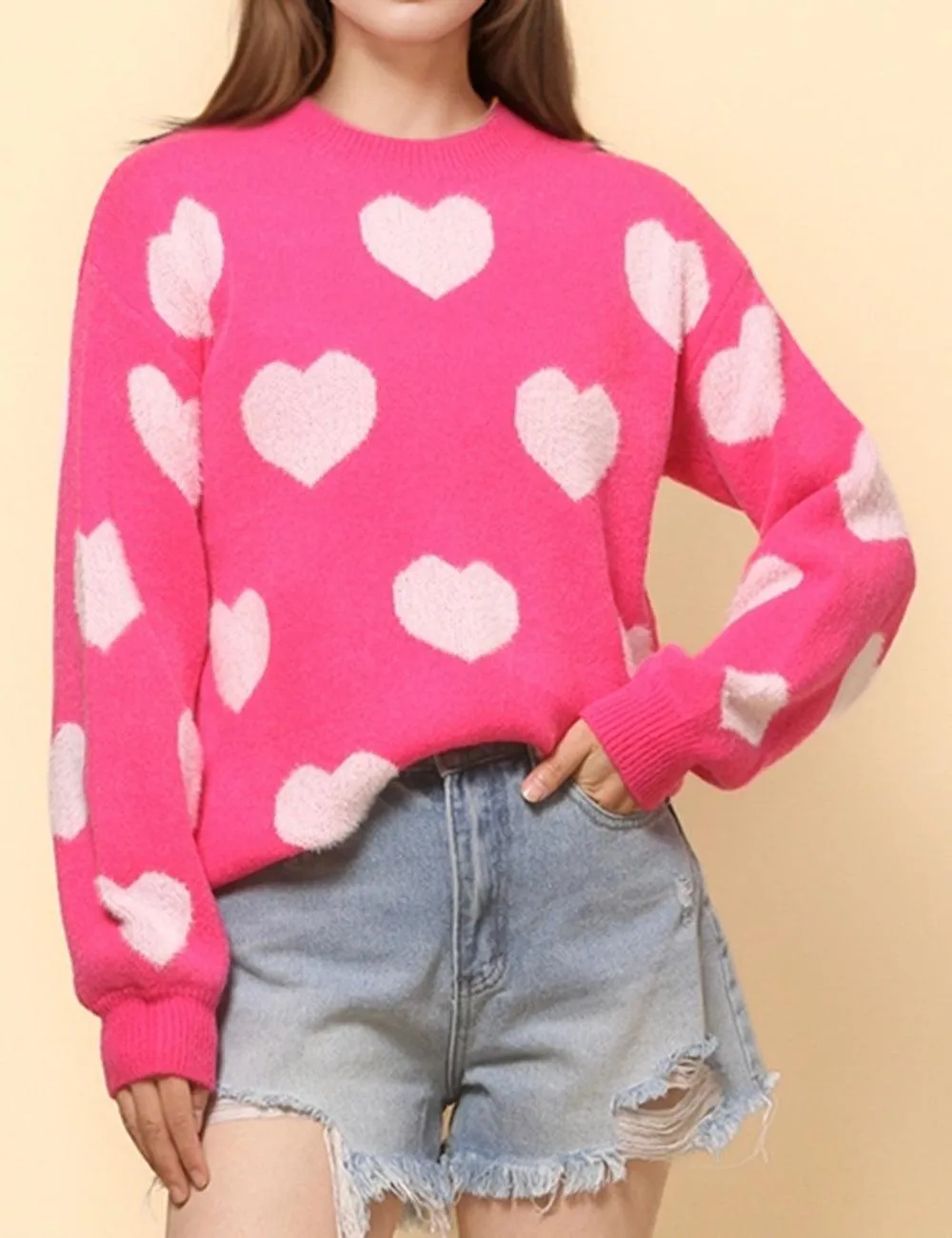 Ladies Color Block Heart Pullover Sweater SKT4744