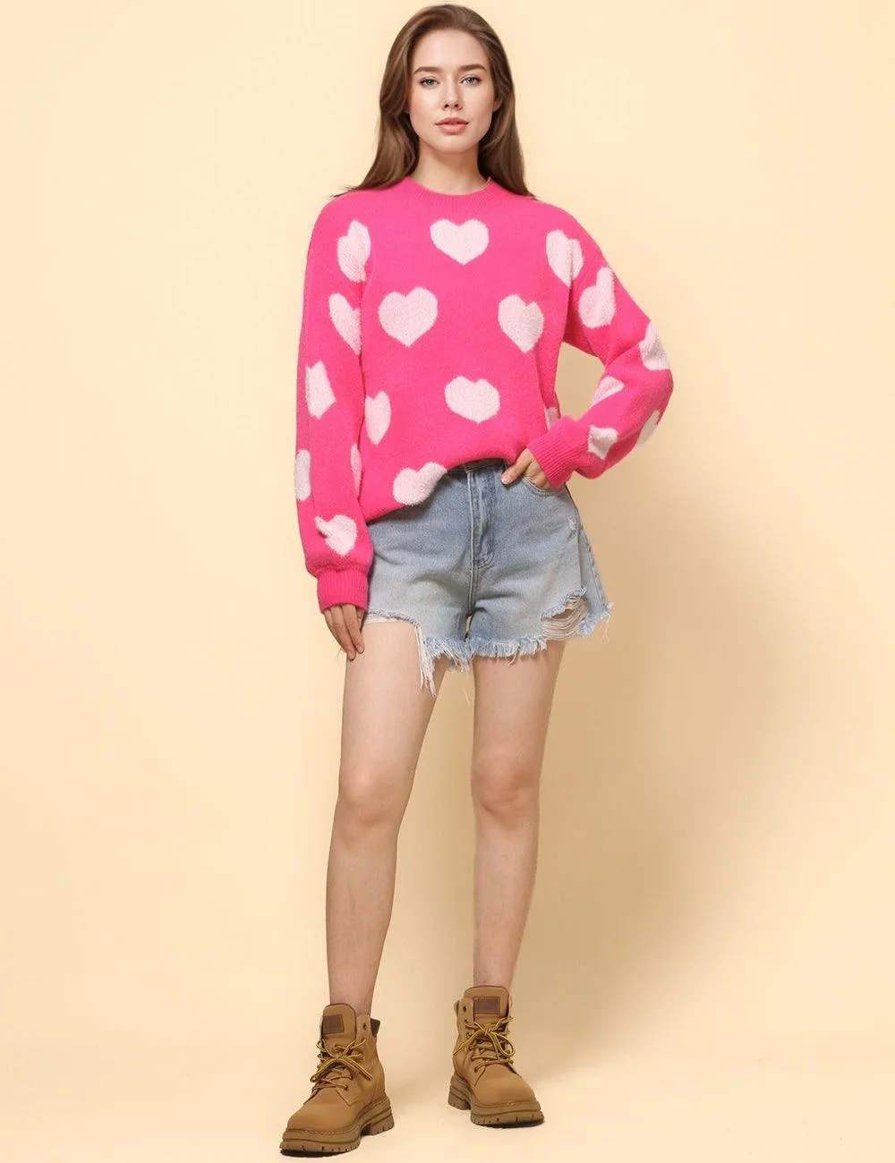 Ladies Color Block Heart Pullover Sweater SKT4744
