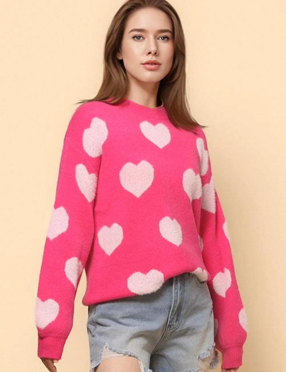 Ladies Color Block Heart Pullover Sweater SKT4744
