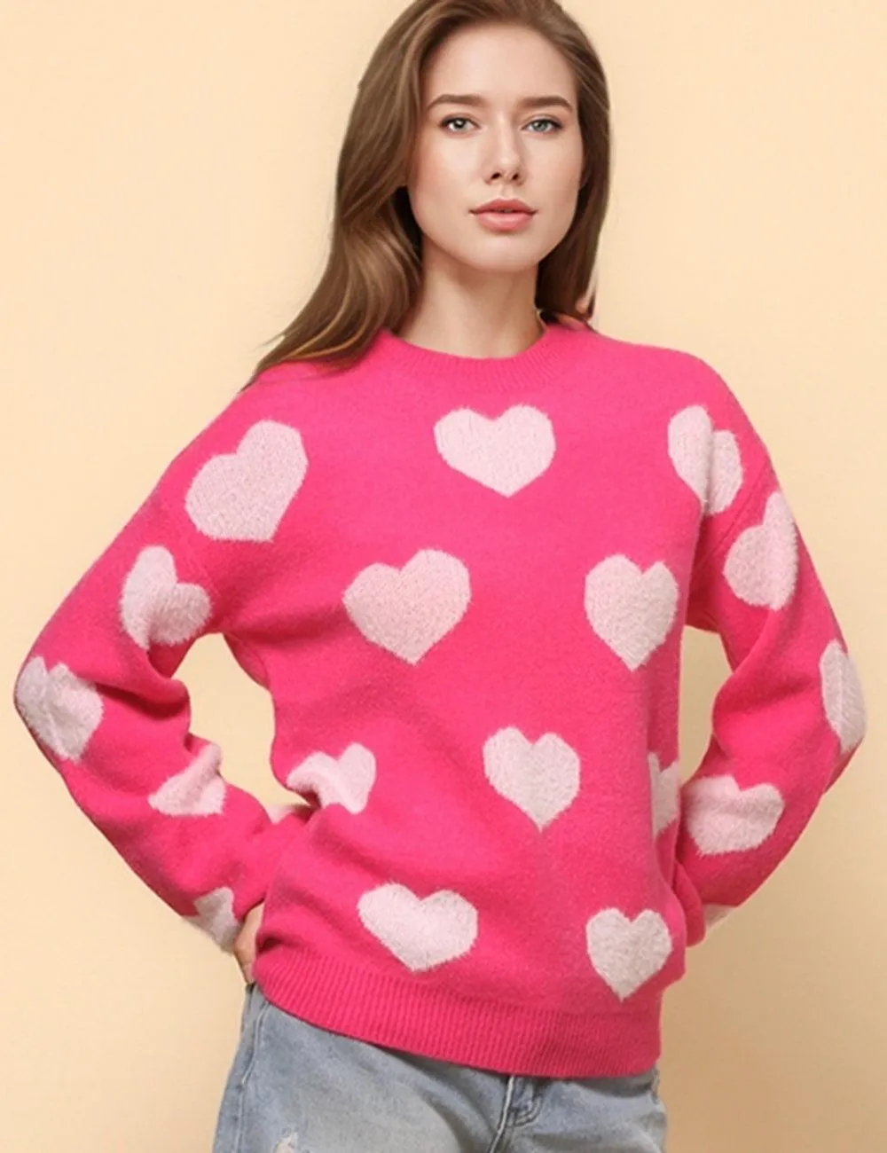 Ladies Color Block Heart Pullover Sweater SKT4744