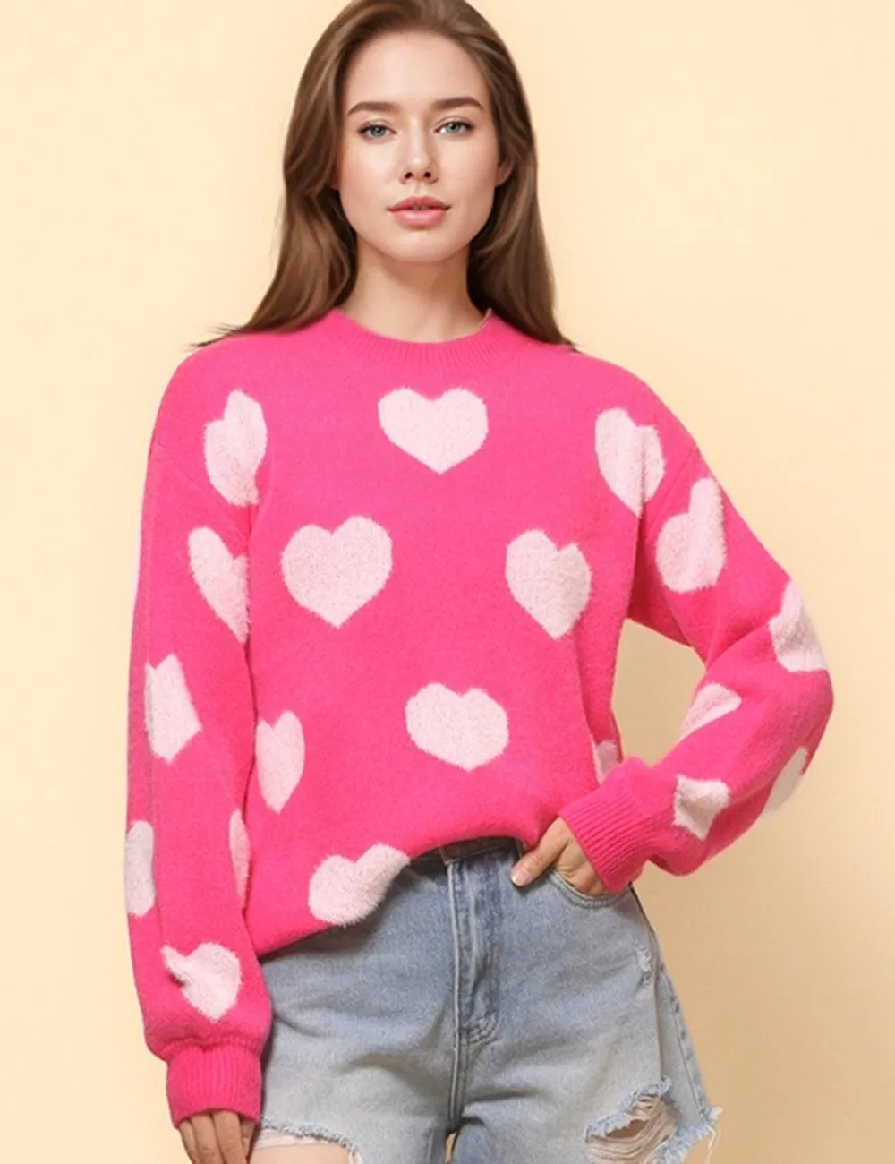 Ladies Color Block Heart Pullover Sweater SKT4744