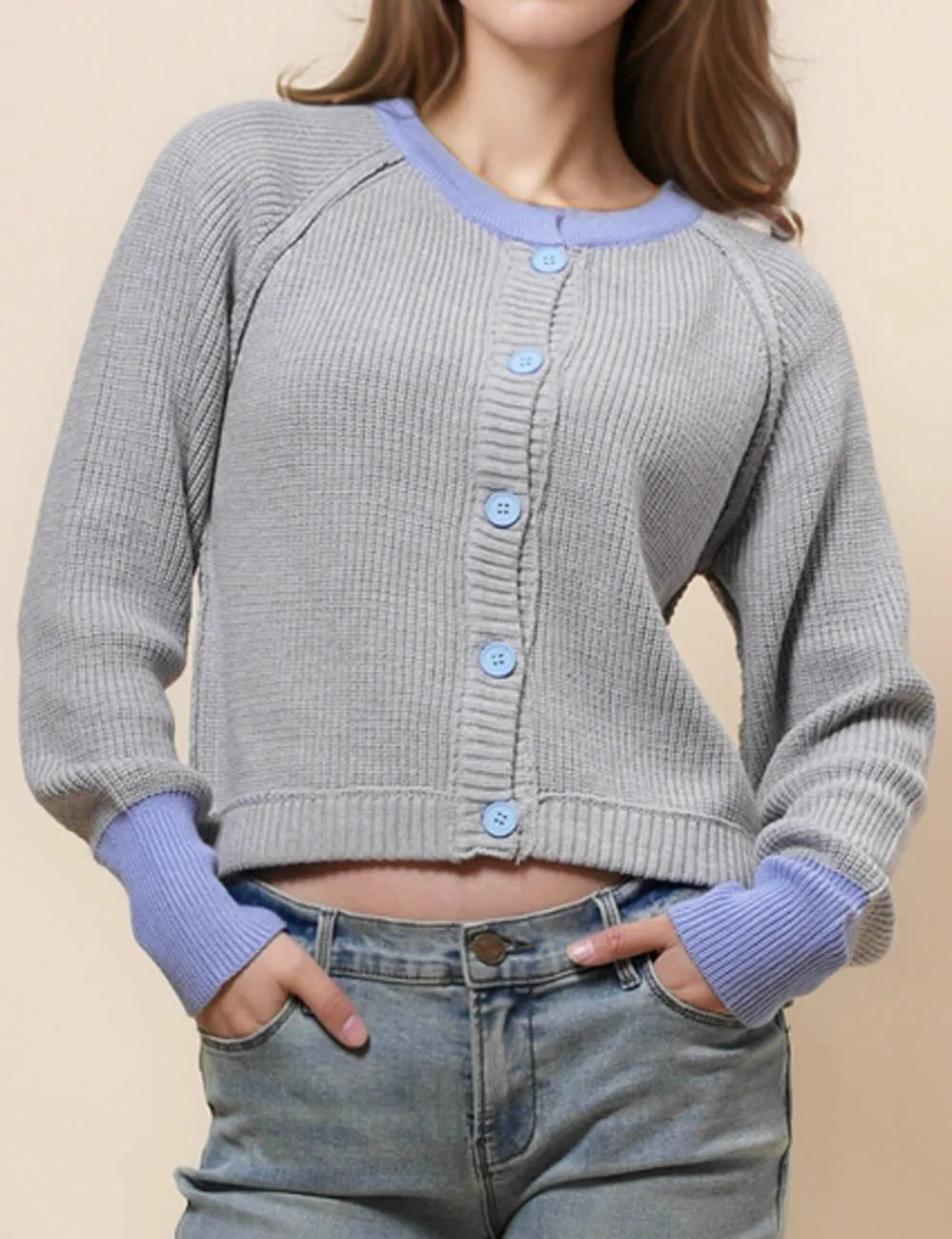 Ladies Color Block Round Neck Cardigan SKT41024