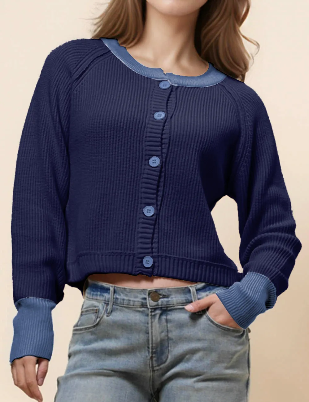 Ladies Color Block Round Neck Cardigan SKT41024