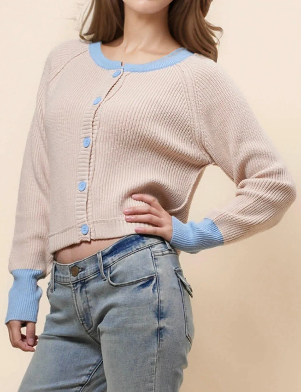 Ladies Color Block Round Neck Cardigan SKT41024