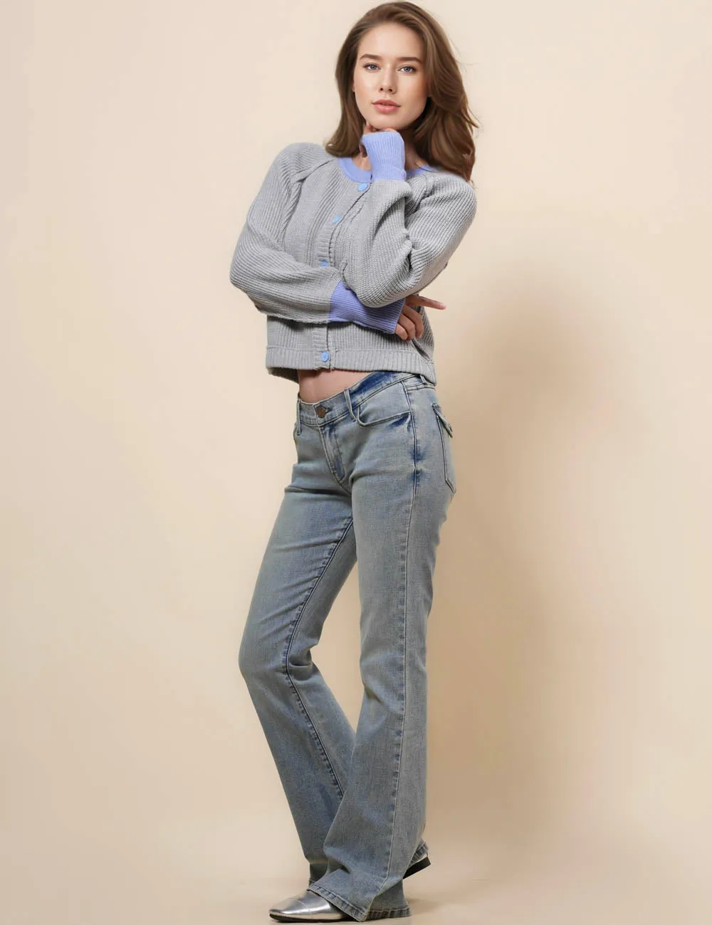 Ladies Color Block Round Neck Cardigan SKT41024