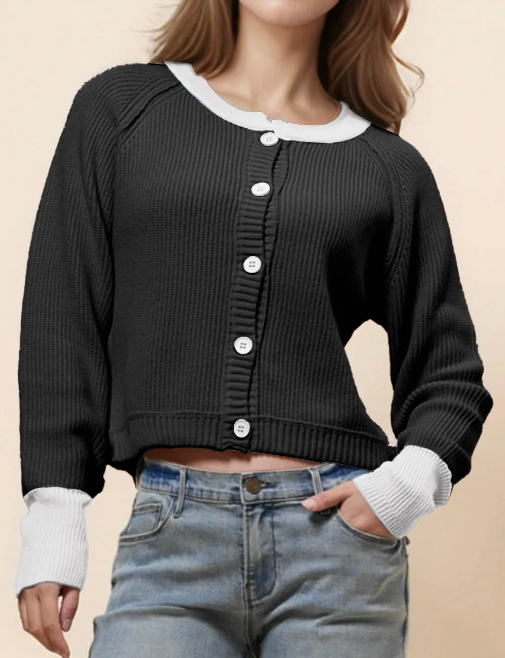 Ladies Color Block Round Neck Cardigan SKT41024