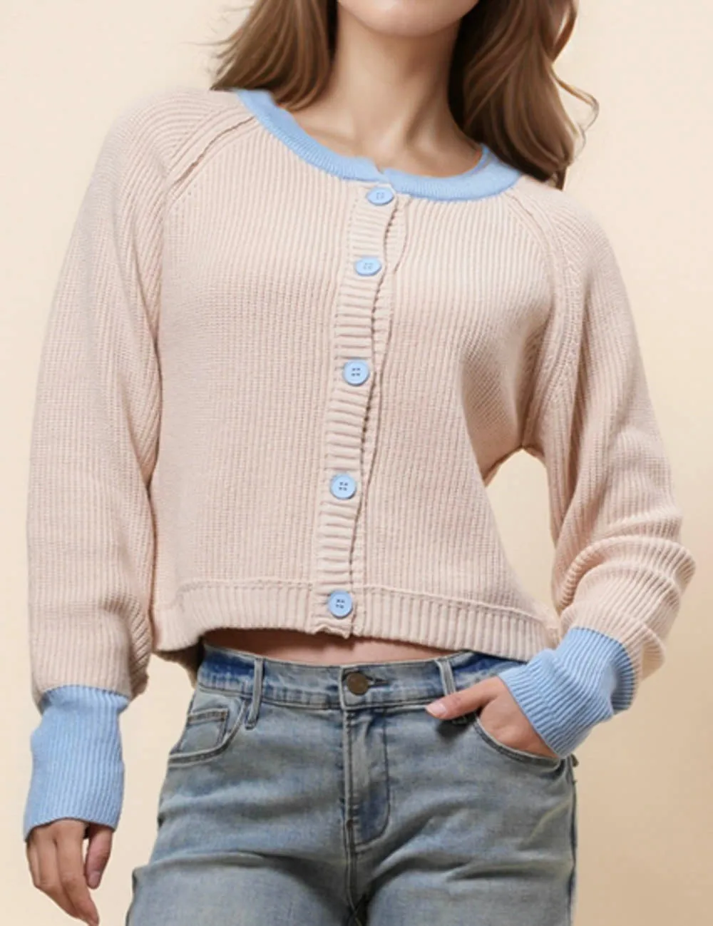 Ladies Color Block Round Neck Cardigan SKT41024