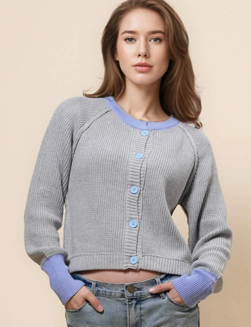 Ladies Color Block Round Neck Cardigan SKT41024