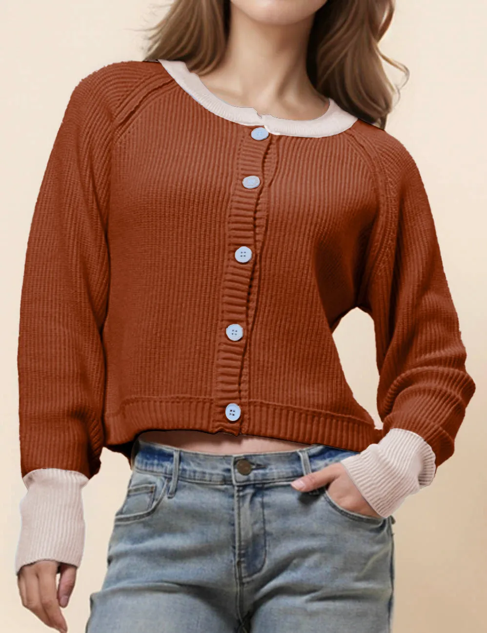 Ladies Color Block Round Neck Cardigan SKT41024
