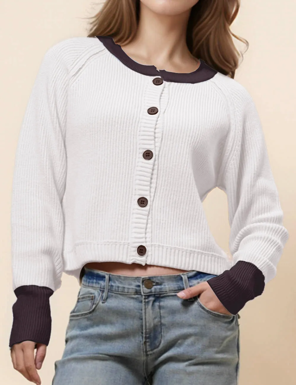 Ladies Color Block Round Neck Cardigan SKT41024