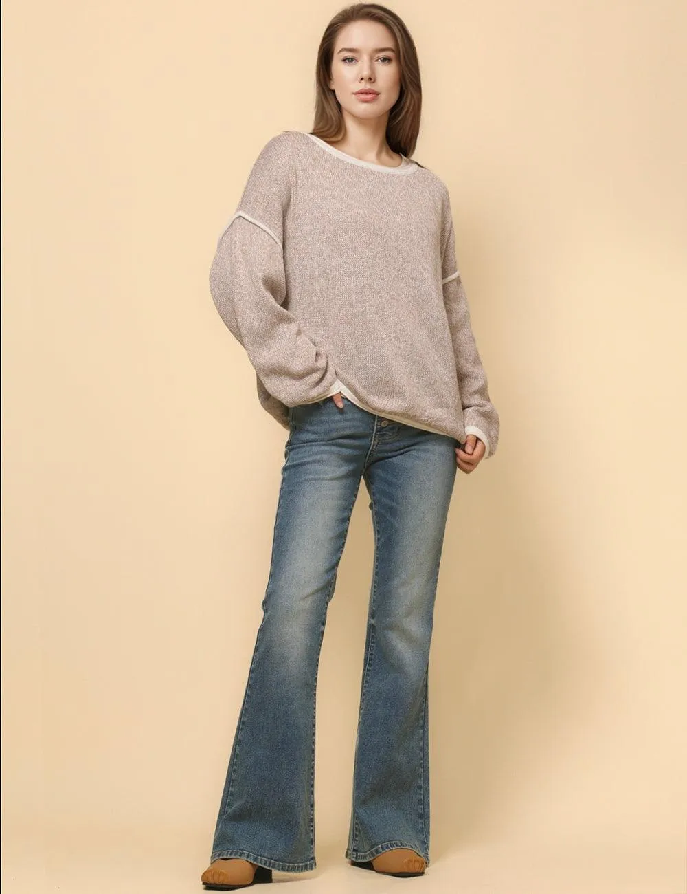 Ladies Color Block Round Neck Pullover Sweater SKT4773