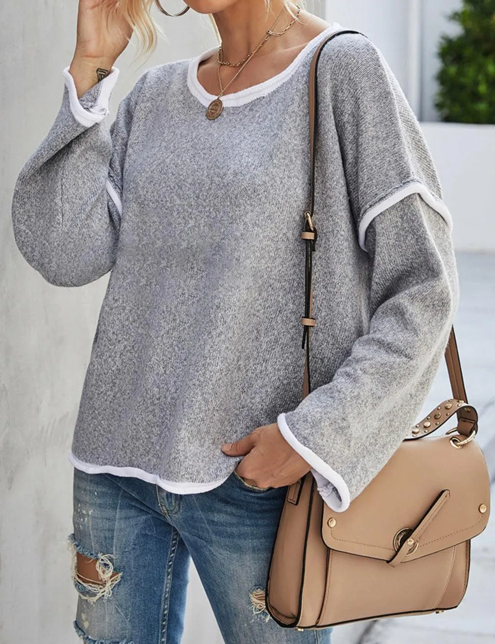 Ladies Color Block Round Neck Pullover Sweater SKT4773