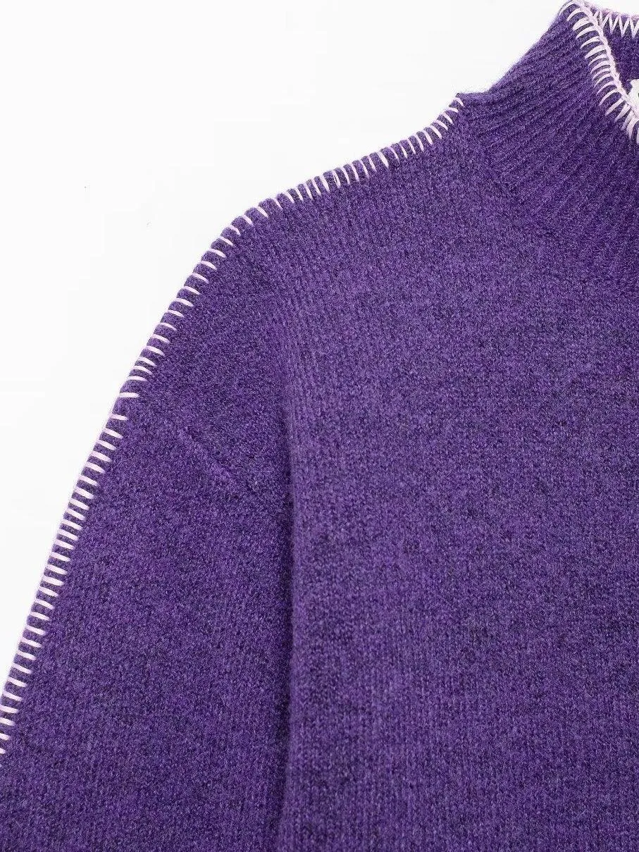 Ladies Color Block Sweater Botton Open Cardigan SKT4903