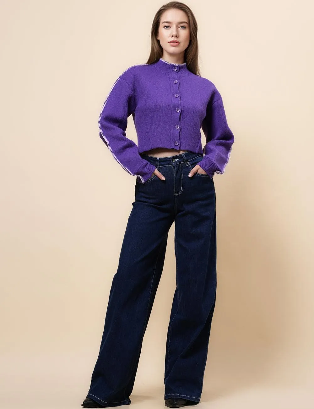 Ladies Color Block Sweater Botton Open Cardigan SKT4903