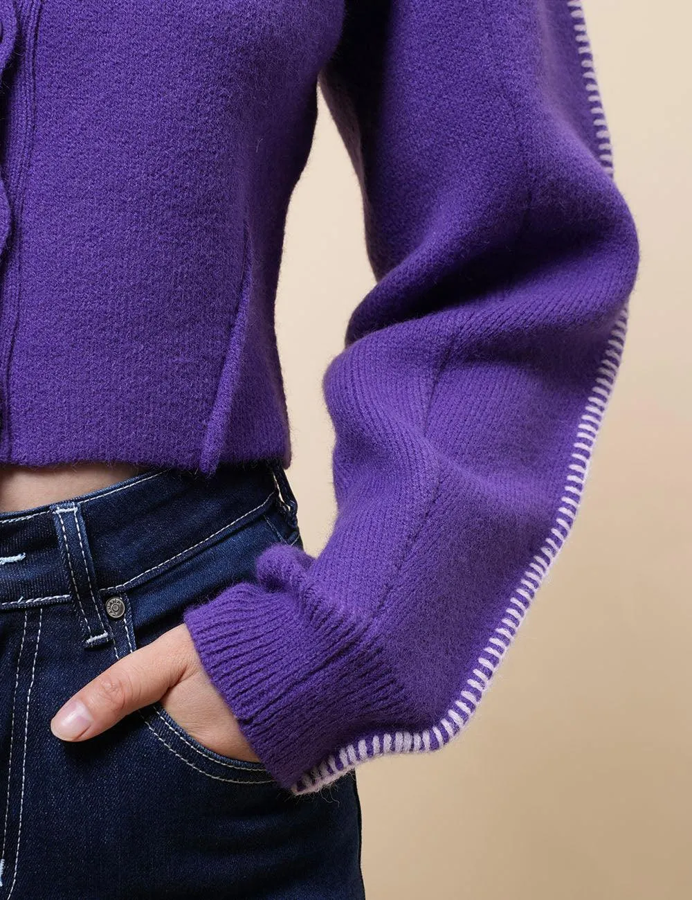 Ladies Color Block Sweater Botton Open Cardigan SKT4903