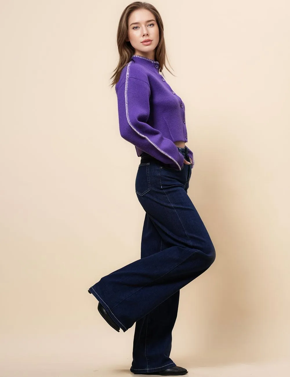 Ladies Color Block Sweater Botton Open Cardigan SKT4903
