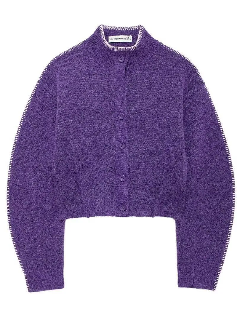 Ladies Color Block Sweater Botton Open Cardigan SKT4903