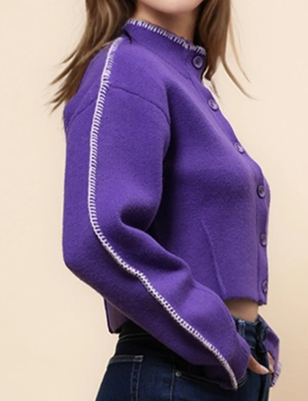Ladies Color Block Sweater Botton Open Cardigan SKT4903