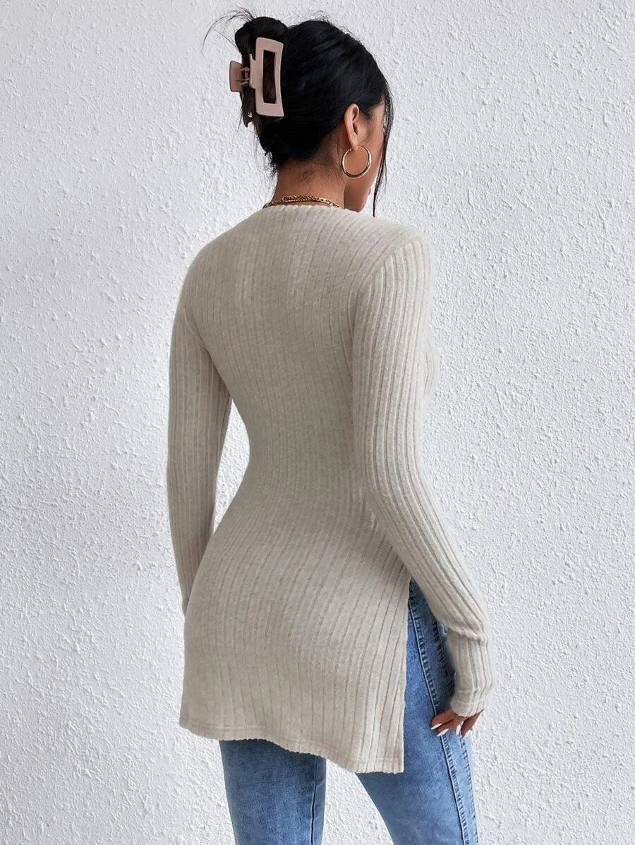 Ladies Crew Neck Split Hem Knit Sweater G2005