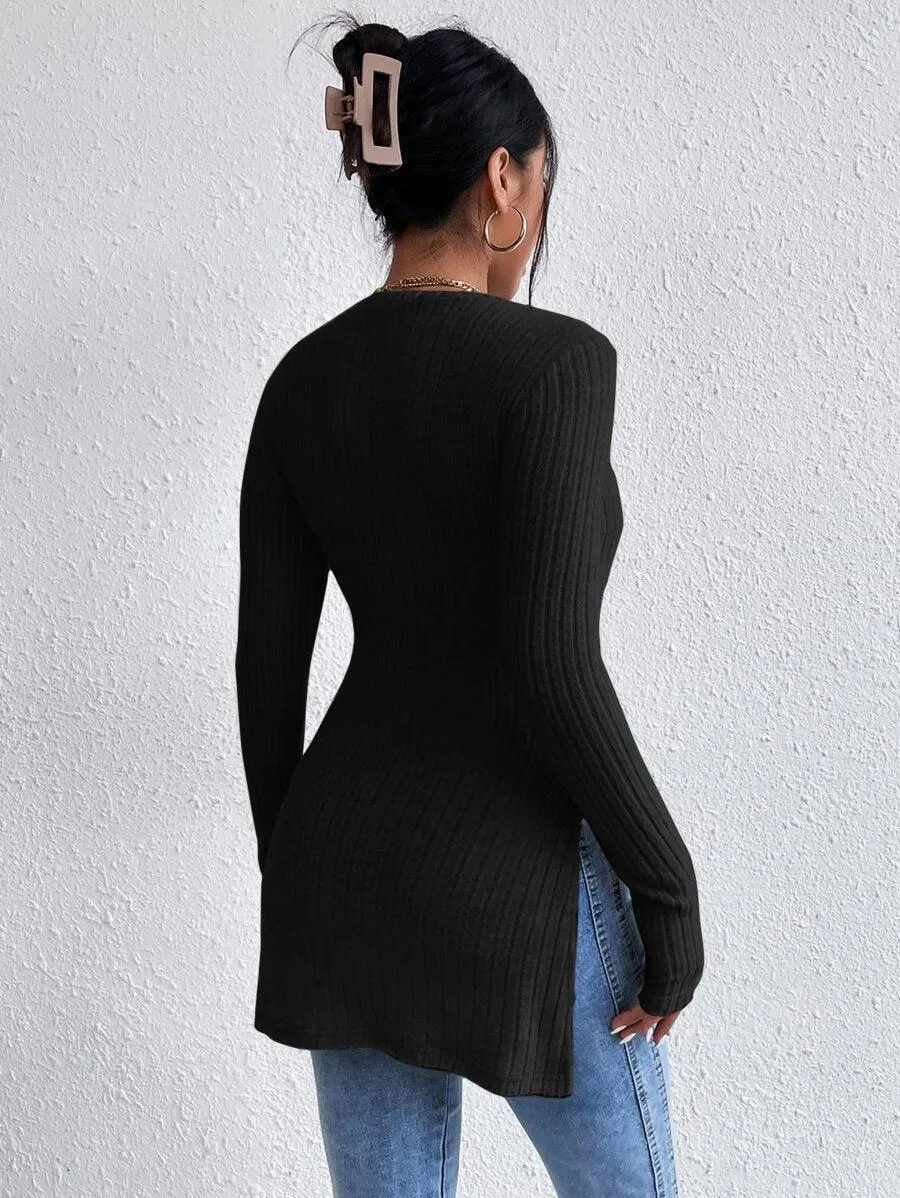 Ladies Crew Neck Split Hem Knit Sweater G2005